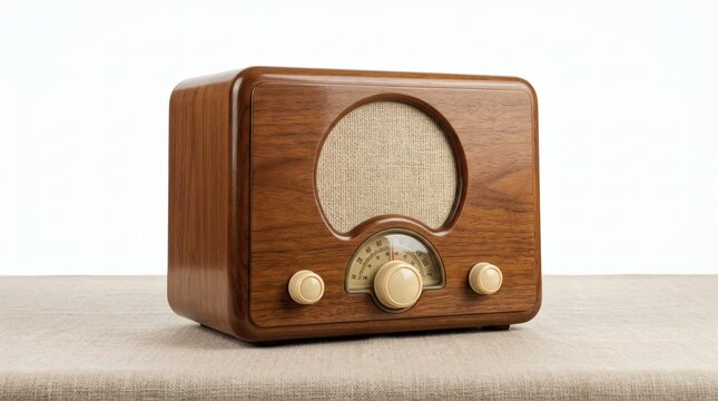 Vintage wooden radio receiver, retro antique analog tabletop receiver, brown polished wood cabinet radio speaker, broadcast sound equipment