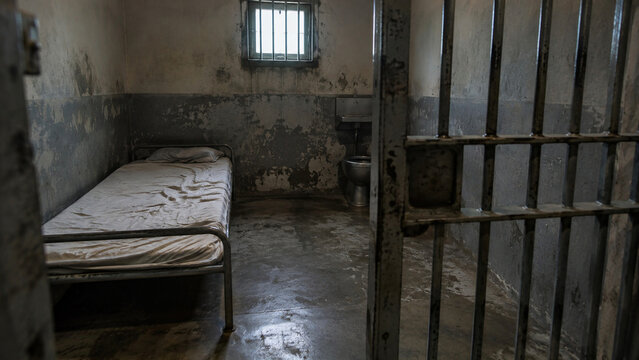 Bleak solitary confinement cell with barred window and worn bed, symbolizing deprivation, isolation, detention and human rights violations