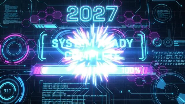Futuristic 2027 System Loading Complete Neon Cyber HUD Interface with Digital Light Burst