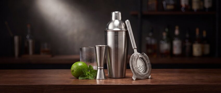 Stainless steel cocktail shaker set with lime