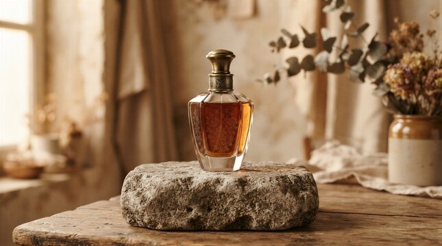 Glass perfume bottle displayed on stone pedestal indoors