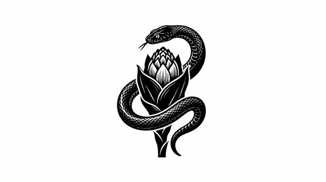 Vintage black and white snake coiled around protea flower bud vector illustration