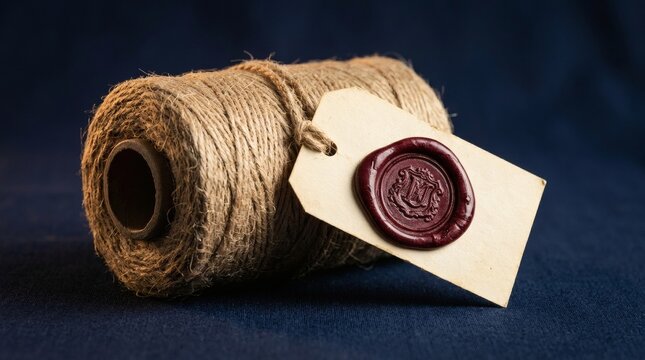 Rustic Jute Twine Spool with Blank Paper Gift Tag, Vintage Wax Seal Stamp on Dark Blue Background