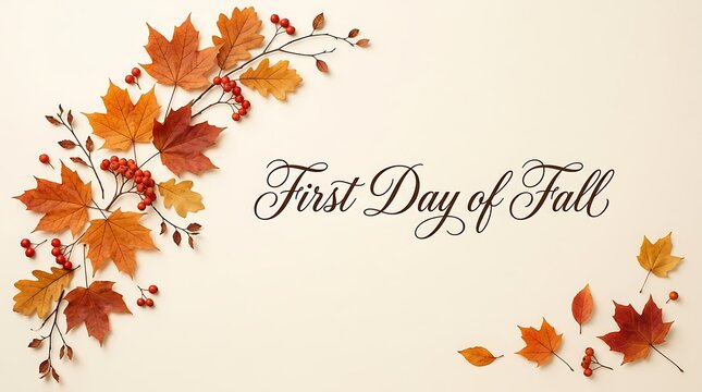 Elegant autumn leaves and calligraphy celebrating the first day of fall season
