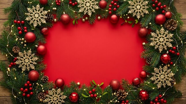 Christmas wreath frame with red ornaments and gold snowflakes on a red background for holiday greeting card design