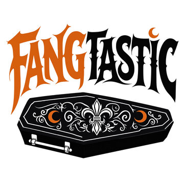 Fangtastic text graphic with a decorative coffin featuring a fleur de lis design crescent moon black and orange vector illustration tshirt design white background fangtastic halloween