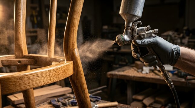 Professional carpenter applying clear lacquer coating to a handmade wooden chair using a pneumatic spray gun in a woodworking workshop, wood restoration and furniture finishing process