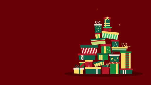 Christmas gift boxes stacking up animation on red background, Perfect for holiday greetings, Christmas promotions, and seasonal celebration projects.