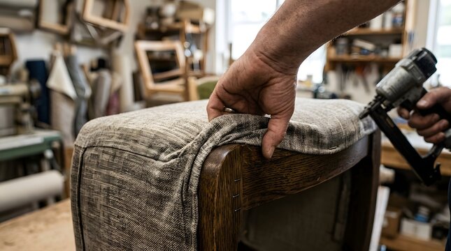 Professional upholsterer's hands stretching textured fabric over a solid wood chair frame using a pneumatic staple gun in a busy furniture restoration workshop or upholstery studio.