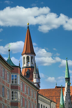 Historic Architecture of Old Town Hall Tower with Decorated Facade in Munich Germany