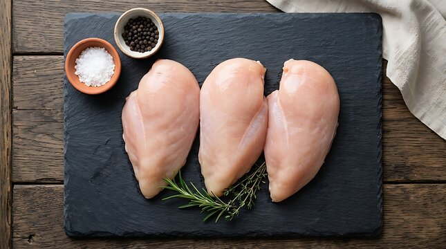 Raw chicken breast fillets with salt and pepper on a dark stone cutting board with fresh herbs for cooking