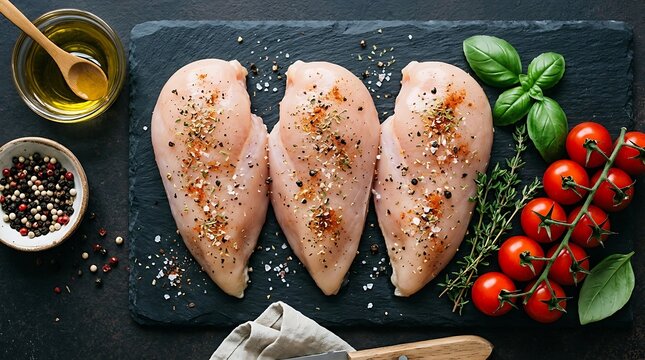 Raw chicken breast fillets with herbs spices olive oil and cherry tomatoes on a dark black stone kitchen board