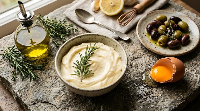 Fresh homemade mayonnaise in a bowl with rosemary garnish olive oil and eggs on a rustic stone kitchen table top