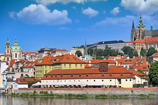 Scenic View of Prague Castle Complex and Saint Nicholas Church over Vltava River in Prague Czech Republic