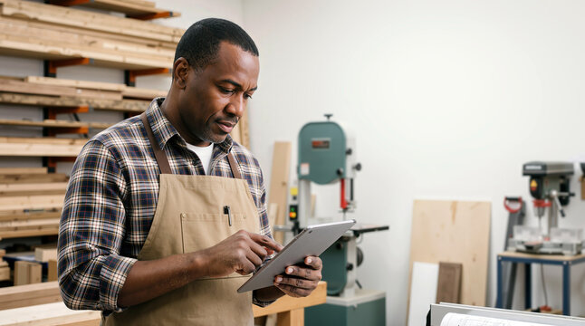 A focused African American male entrepreneur wearing an apron uses a digital tablet in his modern woodworking workshop, demonstrating professional business success in carpentry.