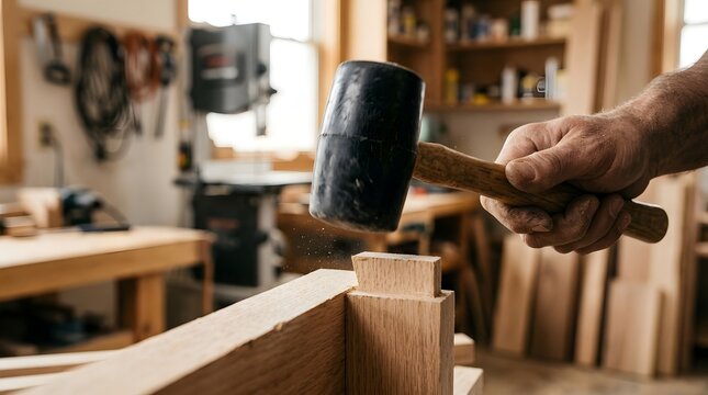 Close-up of a skilled carpenter's hand using a black rubber mallet to precisely assemble a wooden joint in a professional woodworking workshop with tools and equipment in a soft focus background.