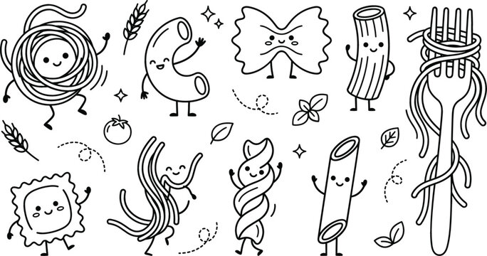 Cute Italian pasta cartoon character line art set with spaghetti macaroni farfalle penne ravioli and fork vector
