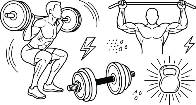 Fitness and bodybuilding line art vector set featuring barbell squats pullups dumbbell kettlebell and athletic male body elements