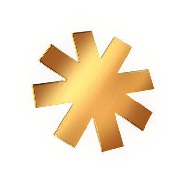 A gold asterisk or starburst icon isolated on a white background; a 3D design element.