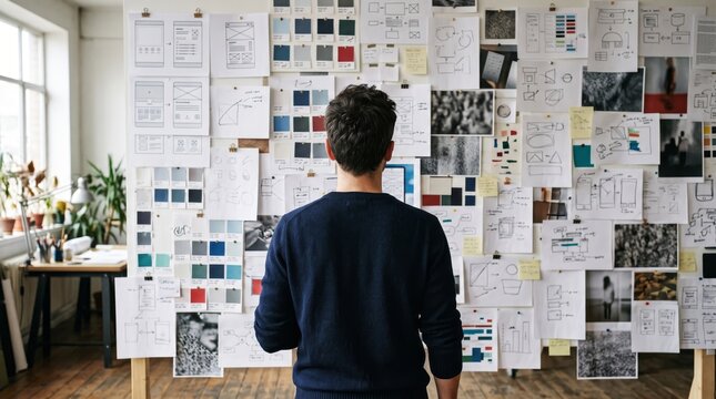 Focused male designer analyzing complex paper layouts on a large board in a bright creative studio