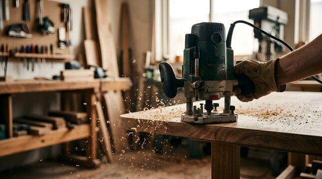 Professional carpenter using an electric plunge router to shape and smooth the edge of a solid wooden table in a workshop, creating a decorative profile with wood shavings flying in the air.