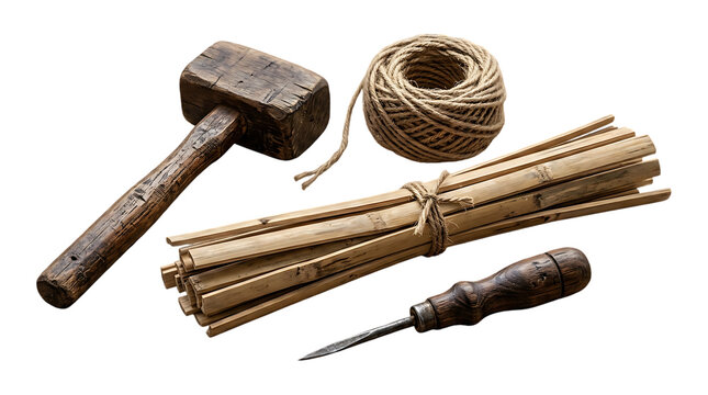 Rustic wooden mallet and pointed awl with a bundle of bamboo sticks and twine