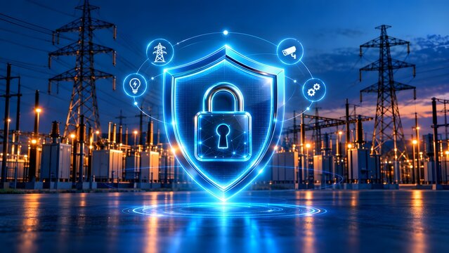 Glowing blue shield with padlock over an electrical substation. Concept of critical infrastructure cyber security and smart grid protection.
