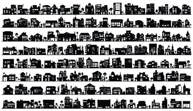 Townscape silhouettes featuring various urban buildings and houses arranged neatly across multiple horizontal rows for creative design projects.