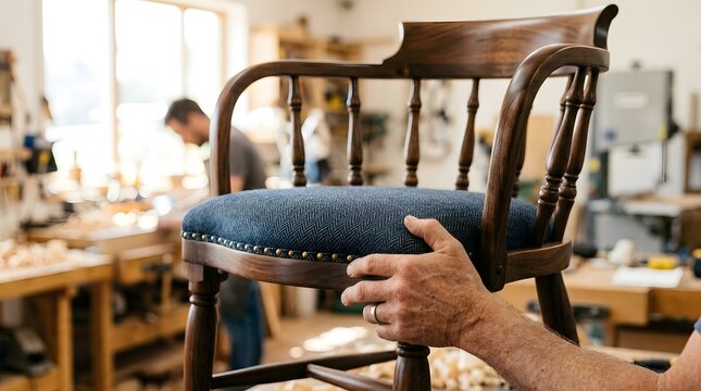 Hands of a professional carpenter presenting a beautifully restored vintage wooden chair with blue fabric upholstery in a bright woodworking workshop, craftsmanship and furniture restoration concept