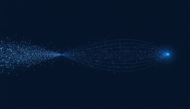 Abstract cluster of blue digital particles converging toward a bright glowing point with particles abstract technology background converge internet innovation visualization connection