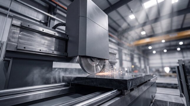 Industrial manufacturing machine cutting thick marble slab with sparks and smoke
