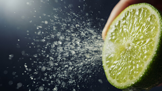 Fresh lime being squeezed with citrus juice droplets in bright studio lighting for food and beverage branding