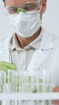 Scientist in protective gear creating innovative biotechnology by analyzing plant samples in test tubes for agricultural research and ecological experiment progress