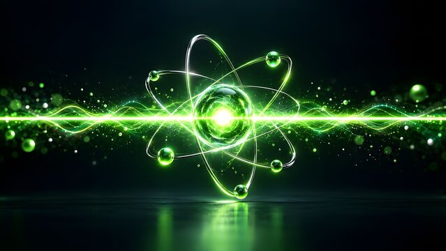 Glowing green atom model with orbiting spheres and an energy beam on a dark background. Concept of clean nuclear energy and quantum physics technology.
