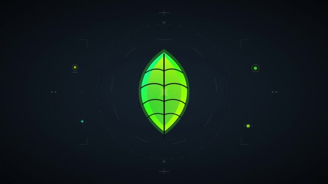 Two dimensional vector hud interface showing a battery icon morphing into a green leaf symbol on a dark tech dashboard