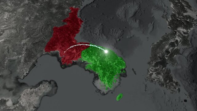 Animated Geopolitical Map of Korean Peninsula Video Loop Highlighting North Korea in Red and South Korea in Green for Military News and Global Politics Broadcast