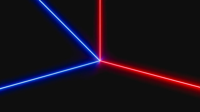 Two colored laser beams, red and blue, intersect at a right angle against a dark black background, creating a sleek abstract visual.