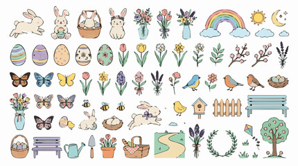 Obraz premium Easter Spring Bunny Clipart Collection with Colorful Eggs, Flowers, Butterflies, Birds and Garden Decorations