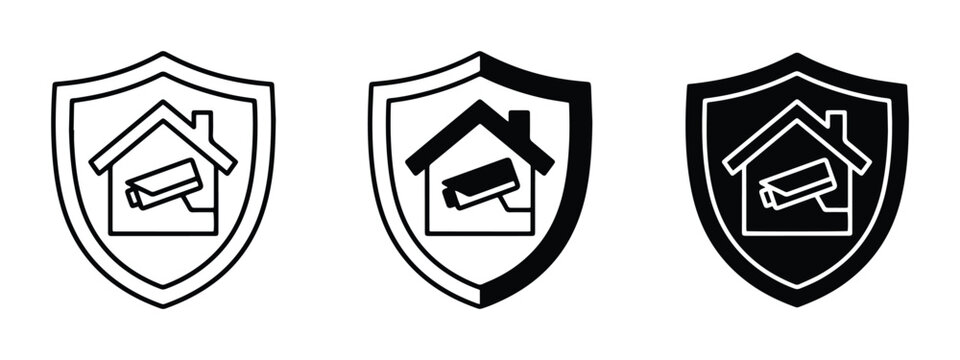 Home Security Icons, House Surveillance Shield, Protection Emblem, Safety Camera Vector