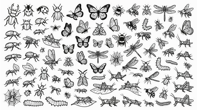 Hand Drawn Bug Doodle Vector Bundle of Cute Ground and Flying Insects