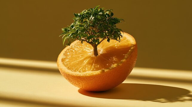 A small green tree growing out of a fresh halved orange on a yellow background