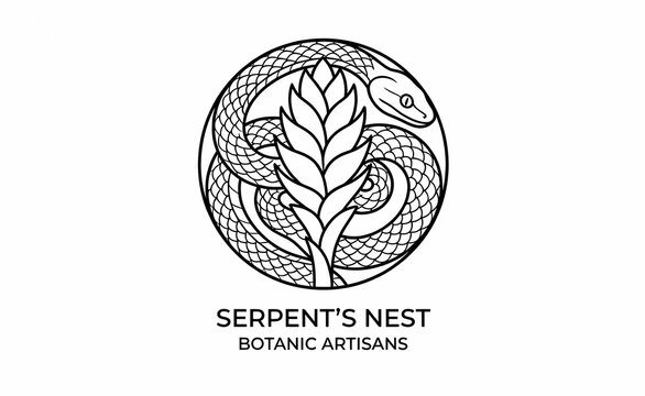 Minimalist serpent nest logo with a snake coiled around a botanical plant vector illustration