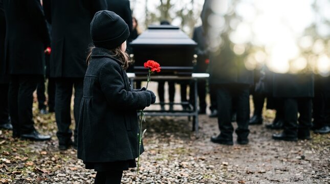 Young girl holding a red carnation at an outdoor funeral. Bereaved child standing in front of a coffin at cemetery. Grief, mourning, and loss concept