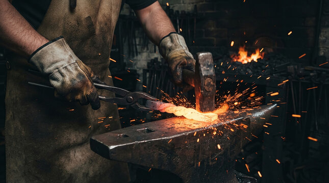 Bladesmith hands in leather gloves forging glowing hot damascus steel billet on anvil