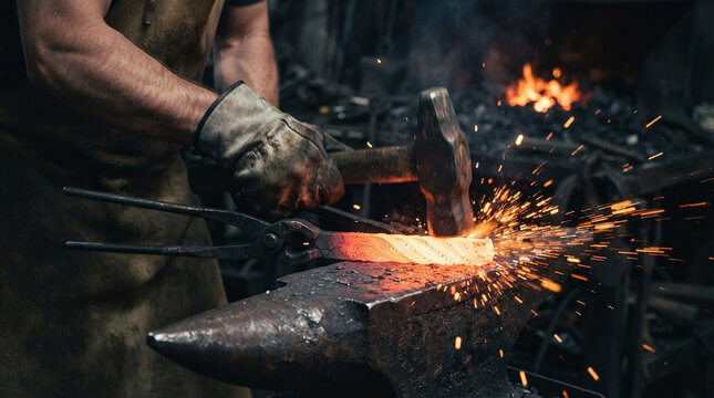 Bladesmith hands in leather gloves forging glowing hot damascus steel billet on anvil