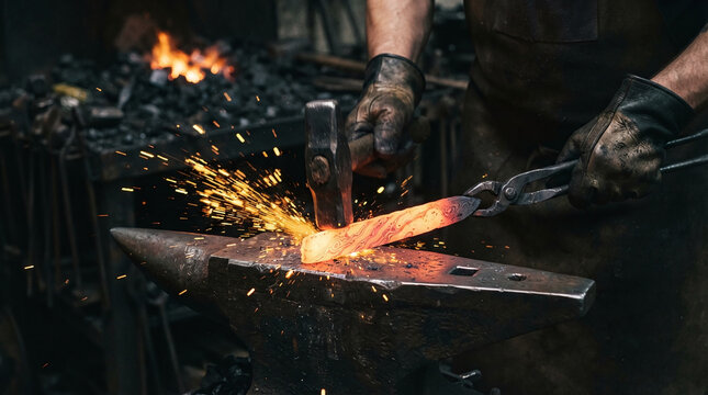 Bladesmith hands in leather gloves forging glowing hot damascus steel billet on anvil