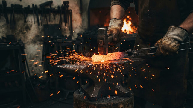 Bladesmith hands in leather gloves forging glowing hot damascus steel billet on anvil
