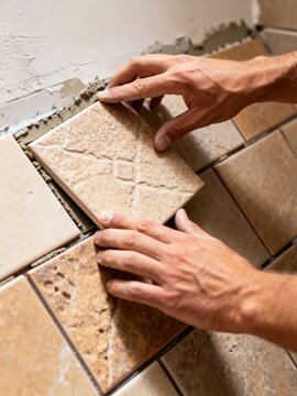 Worker laying ceramic tile on a wall with mortar adhesive. Vertical photo of professional tiler installing tiles during home renovation and remodeling