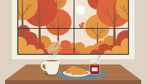 Hot coffee, a delicious croissant, and a jar of red jam sit on a wooden table looking through a window at a beautiful autumn scene with a cute squirrel.
