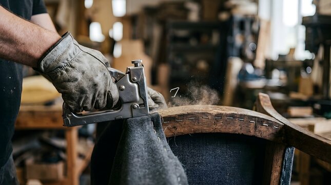 Close-up of a craftsman wearing a protective leather glove using a professional manual staple gun to upholster a vintage wooden chair with grey fabric in a carpentry workshop setting.